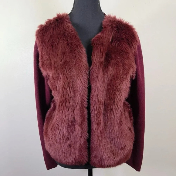 Banana Republic Faux Fur Burgundy Open Cardigan - Picture 1 of 16